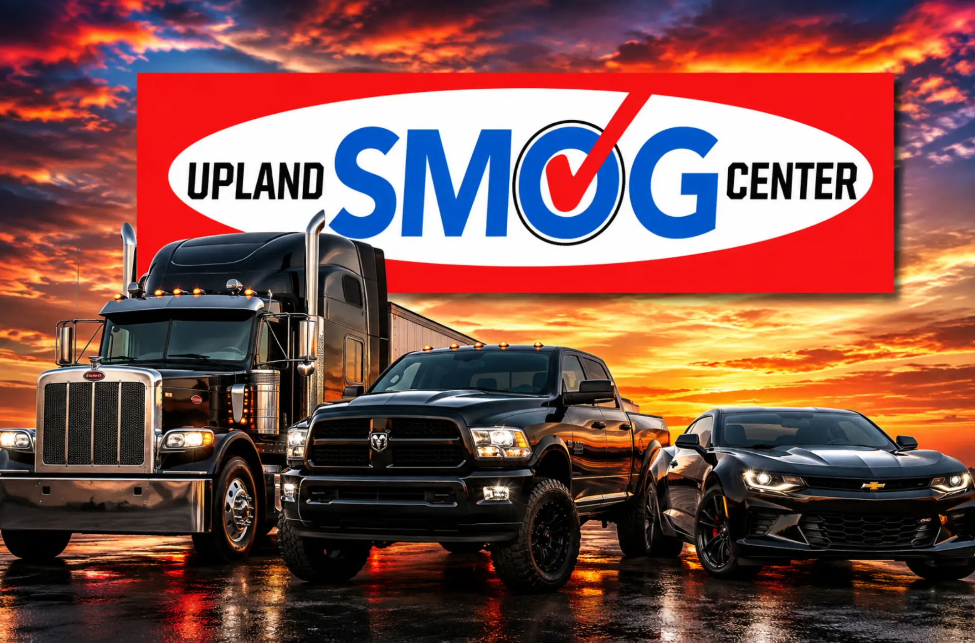 Upland Smog Center logo banner over three vehicles at sunset